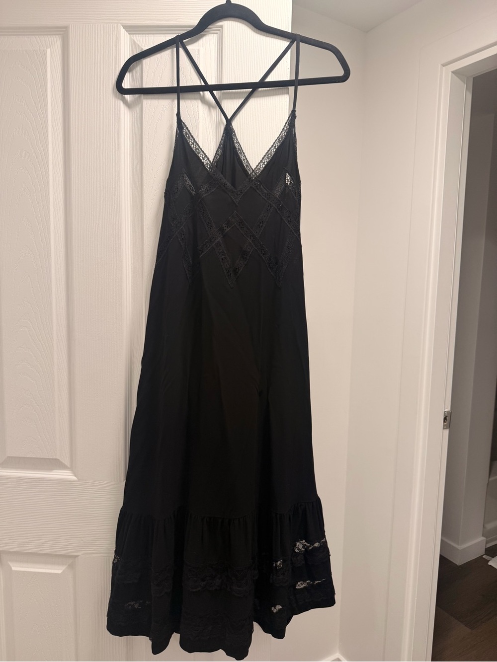 Zara Black Lace-Trim Slip Dress with Crisscross Straps